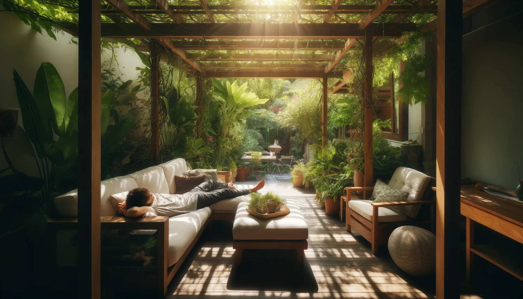 DALL·E 2024-06-04 22.07.55 - A serene scene of a sunny day on a patio. The patio has a comfortable sofa under a wooden pergola with climbing plants. A person is taking a nap on th.webp